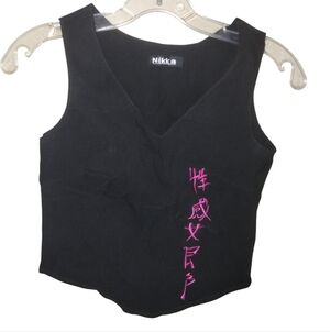 Vtg 90s Nikka Sleeveless Top UK Black S Embroidered Chinese Characters Nwot